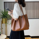 2 Pcs Women PU Leather Rivet Hasp Wild Large Capacity Ruched Bag Shoulder Handbag